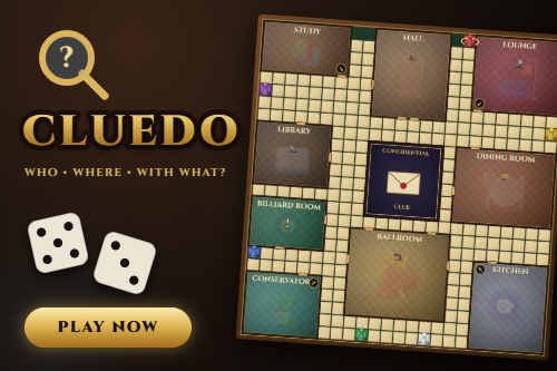 Cluedo-style mystery board game with a magnifying glass, dice and a mansion board