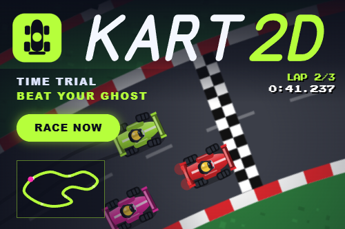 Kart2D top-down kart racing game with a lime green kart on a track