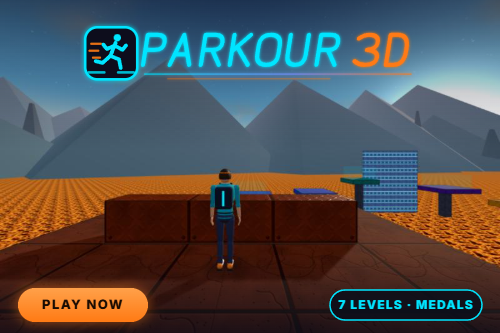 Parkour 3D: a runner in a teal jacket standing on a stone tower above a lava sea, with mountains and floating platforms ahead