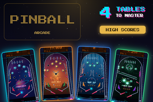 Pinball game showing four arcade tables: Starblazer, Wild West, Deep Sea and Cyber Cage
